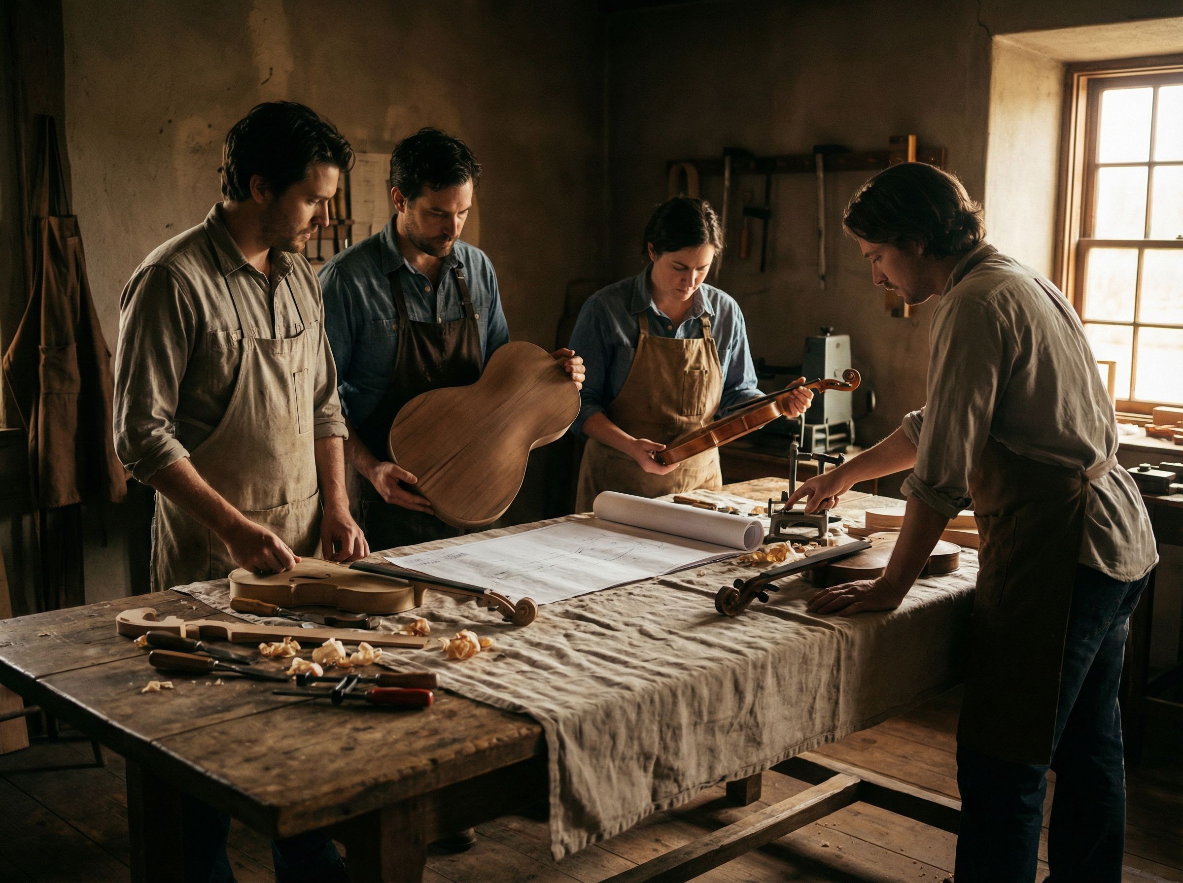our-story Studio shot of a woman in a striped swimsuit and denim shorts with tattoos on a black background.